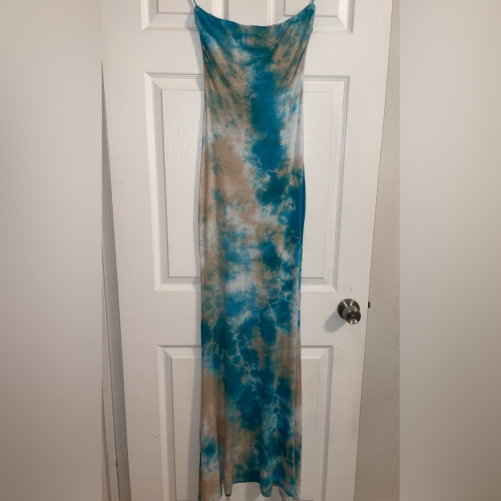 Blue and Tan Tie-Dye Maxi Dress